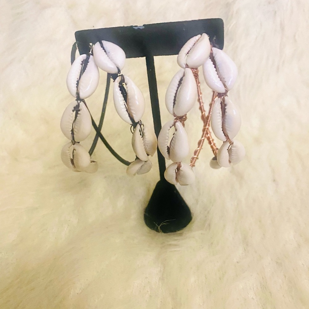 Cowrie Shell And Copper Hoop Earrings|Large|Handmade